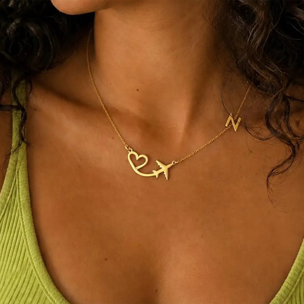 Name Necklace Custom - Personalized Heart Airplane Initial Pendant Necklace